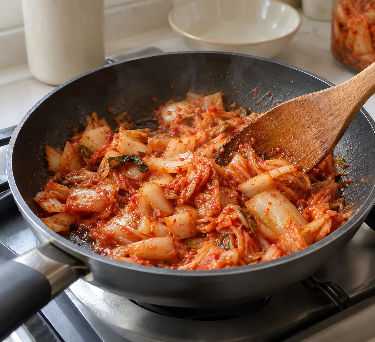 ขั้นตอน 3: อุ่นน้ำมัน 1 ช้อนชาขนาดเล็กในกระทะ nonstick บนไฟร้อนปานกลาง เพิ่มกิมจิสับแล้วผัดประมาณ 4-5 นาทีจนร้อนและนิ่มลงเล็กน้อย ถ้ามันเกาะติด ให้เติมน้ำเปล่า 1 ช้อนแทนน้ำมัน