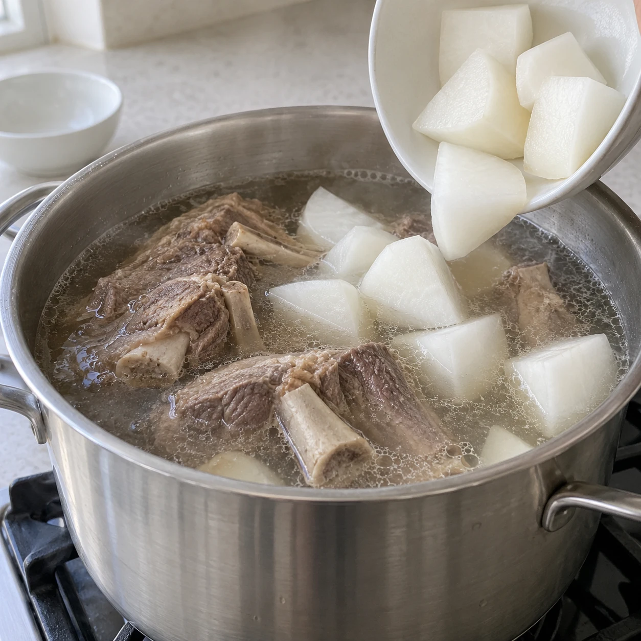 Hakbang 4: Idagdag ang radish chunks at kumulo ng isa pang 20 minuto, hanggang sa lumambot ang karne ng labanos at tadyang. Kung chewy pa ang ribs, kumulo ng mas matagal bago magpatuloy. Nag-iiba ang lumipas na oras sa hiwa at laki.