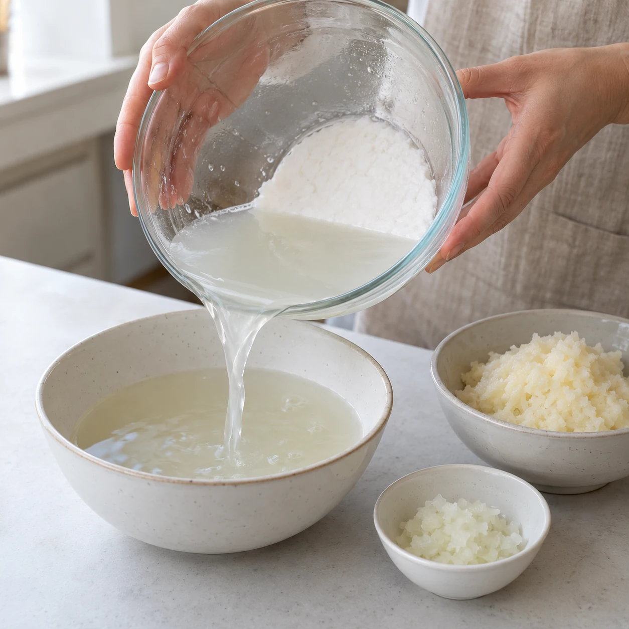Langkah 3: Tuangkan cairan encer dengan hati-hati dari pati yang mengendap dan buang cairan tersebut. Campur tepung kanji putih dengan ampas kentang, bawang bombay dan garam. Jika adonan terlalu encer untuk menampung gundukan kecil, tambahkan sesendok tepung kentang opsional.