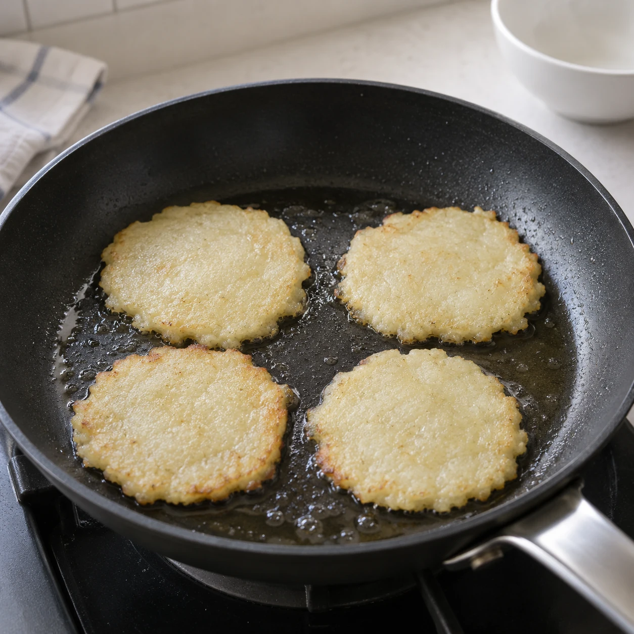 Langkah 4: Panaskan separuh minyak dalam wajan antilengket dengan api sedang. Tambahkan gundukan kecil dan ratakan hingga lebar sekitar 8–10 cm dan tebal kurang dari 5 mm. Sisakan ruang agar spatula pas di bawahnya. Buatlah pancake kecil secara bertahap, bukan satu pancake tebal.