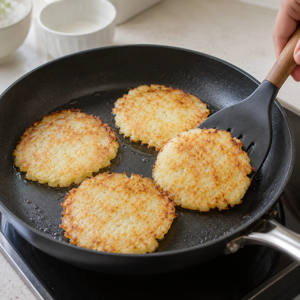 Langkah 5: Masak selama 3–4 menit hingga bagian bawah berwarna keemasan dan pinggirannya menempel. Balik dengan hati-hati dan masak sisi lainnya selama 3–4 menit. Bagian tengahnya harus empuk tanpa rasa kentang mentah. Kecilkan api jika permukaannya kecoklatan sebelum bagian tengahnya matang.