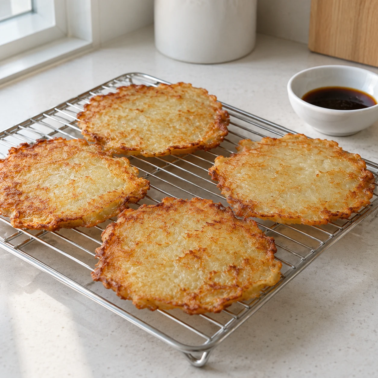 Langkah 6: Pindahkan ke rak, lalu ulangi dengan sisa minyak dan campuran untuk membuat sekitar empat pancake kecil. Campur kecap asin dan cuka secara terpisah jika menggunakan. Biarkan sedikit dingin sebelum disajikan kepada anak-anak; nikmati selagi pinggirannya garing.