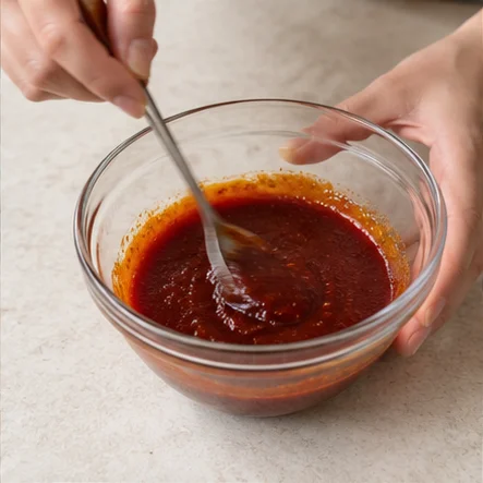Étape 2: Mélangez gochujang, sauce soja, sucre et 2 c. à soupe d’eau. Réservez l’huile de sésame pour l’ajouter à la fin.