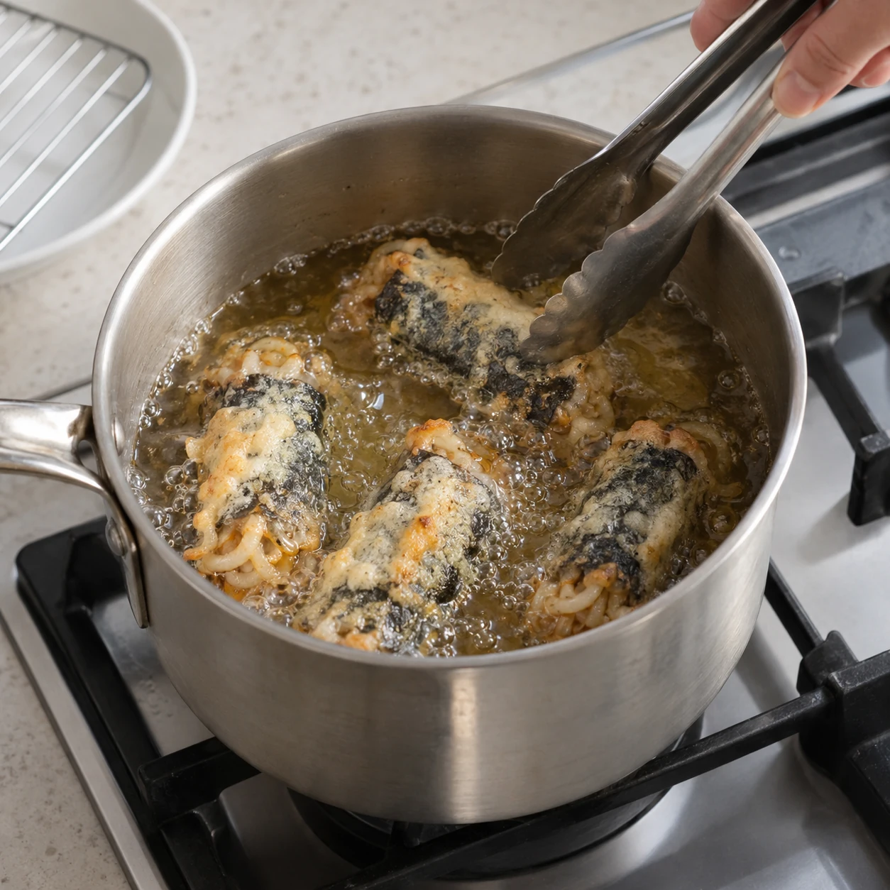 Adım 5: Yaklaşık 18 cm genişliğinde ağır, yüksek kenarlı bir tencerede 3 karton bardak yağı 170°C'e kadar ısıtın ve yağı tencerenin üçte birinden fazla olmayacak şekilde ısıtın. Dört ruloyu aynı anda 3-4 dakika kızartın, kuru maşayla altın rengi ve gevrek oluncaya kadar çevirin. Suyu sıcak yağdan uzak tutun.