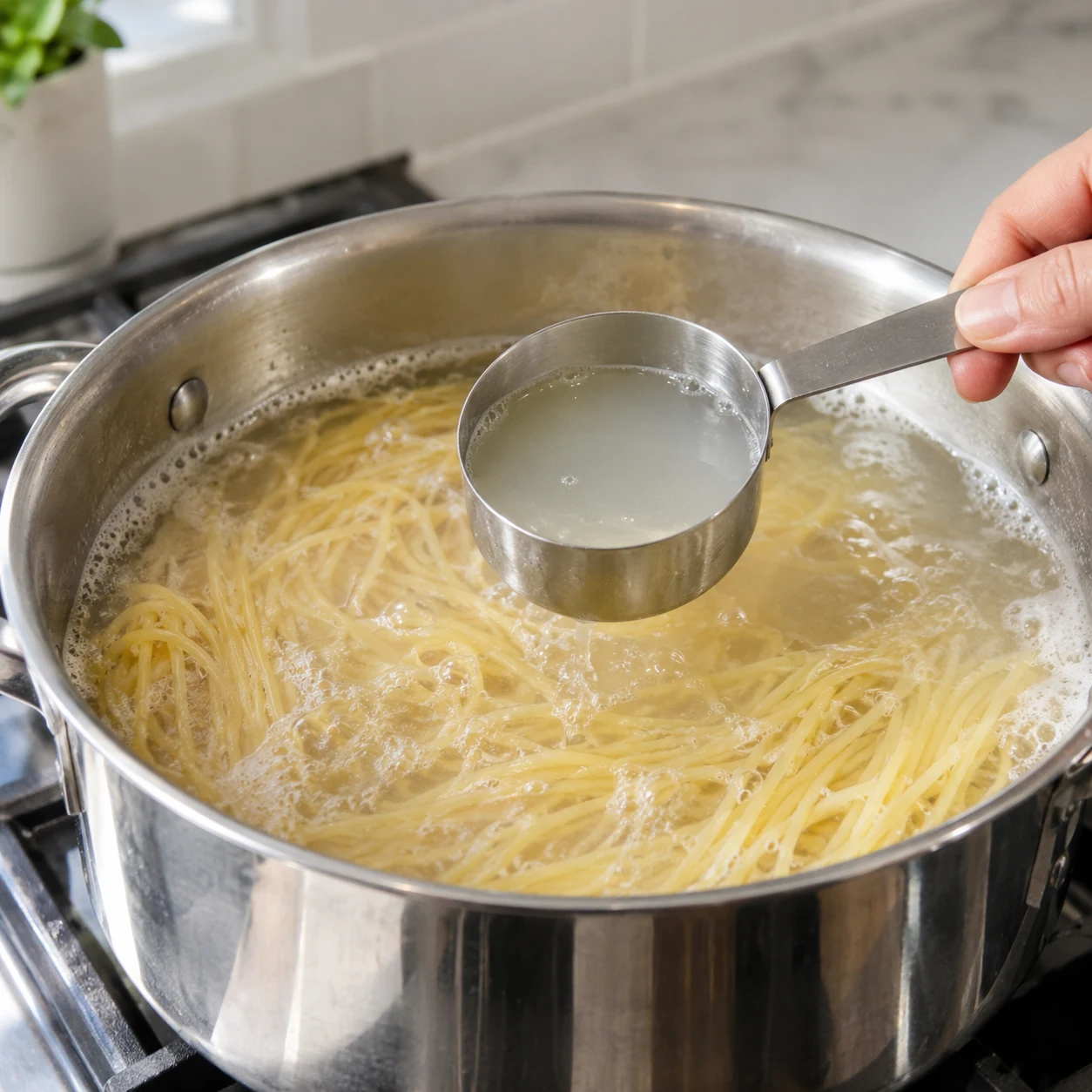Langkah 1: Didihkan air dalam panci besar. Tambahkan 180 g spageti kering dan masak sesuai kemasannya hingga empuk, biasanya 8–11 menit. Aduk sesekali. Sebelum ditiriskan, ambil ½ cangkir kertas air rebusan pasta keruh dan sisihkan. Tiriskan pasta; jangan bilas.