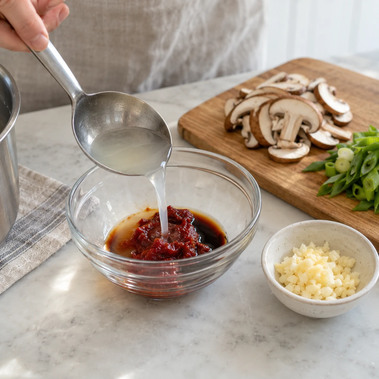 Langkah 2: Saat pasta mendidih, iris jamur opsional dan daun bawang. Haluskan 2 siung bawang putih kecil. Dalam mangkuk kecil, campurkan 1 sendok makan gochujang dengan 1 sendok teh kecil kecap asin dan 2 sendok makan air pasta panas yang sudah dicadangkan. Aduk sampai pasta mengendur.