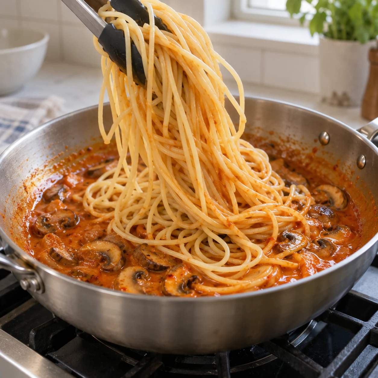 Langkah 5: Tambahkan pasta yang sudah dikeringkan dan aduk selama 1-2 menit hingga setiap helainya terlapisi. Tambahkan 1 sendok makan mentega terakhir, lalu tuangkan sisa air sedikit demi sedikit hingga sausnya mengilap dan sedikit menempel pada pasta, bukan encer. Cicipi hanya setelah saus matang.