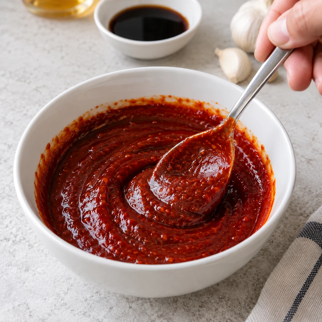 ขั้นตอน 2: ผสมซอส ในชามขนาดเล็ก รวมโคชูจังช้อนสำหรับกิน 1 ชั้น ซีอิ๊วช้อนสำหรับกิน 1 ชั้น น้ำตาลช้อนสำหรับกิน 1 ชั้น กระเทียมสับขนาดเล็ก 2 ช้อนชา น้ำเปล่าสำหรับช้อนกิน 2 ชั้น และพริกไทยดำเสริม คนจนน้ำตาลละลาย เก็บซอสนี้แยกจากไก่ดิบ
