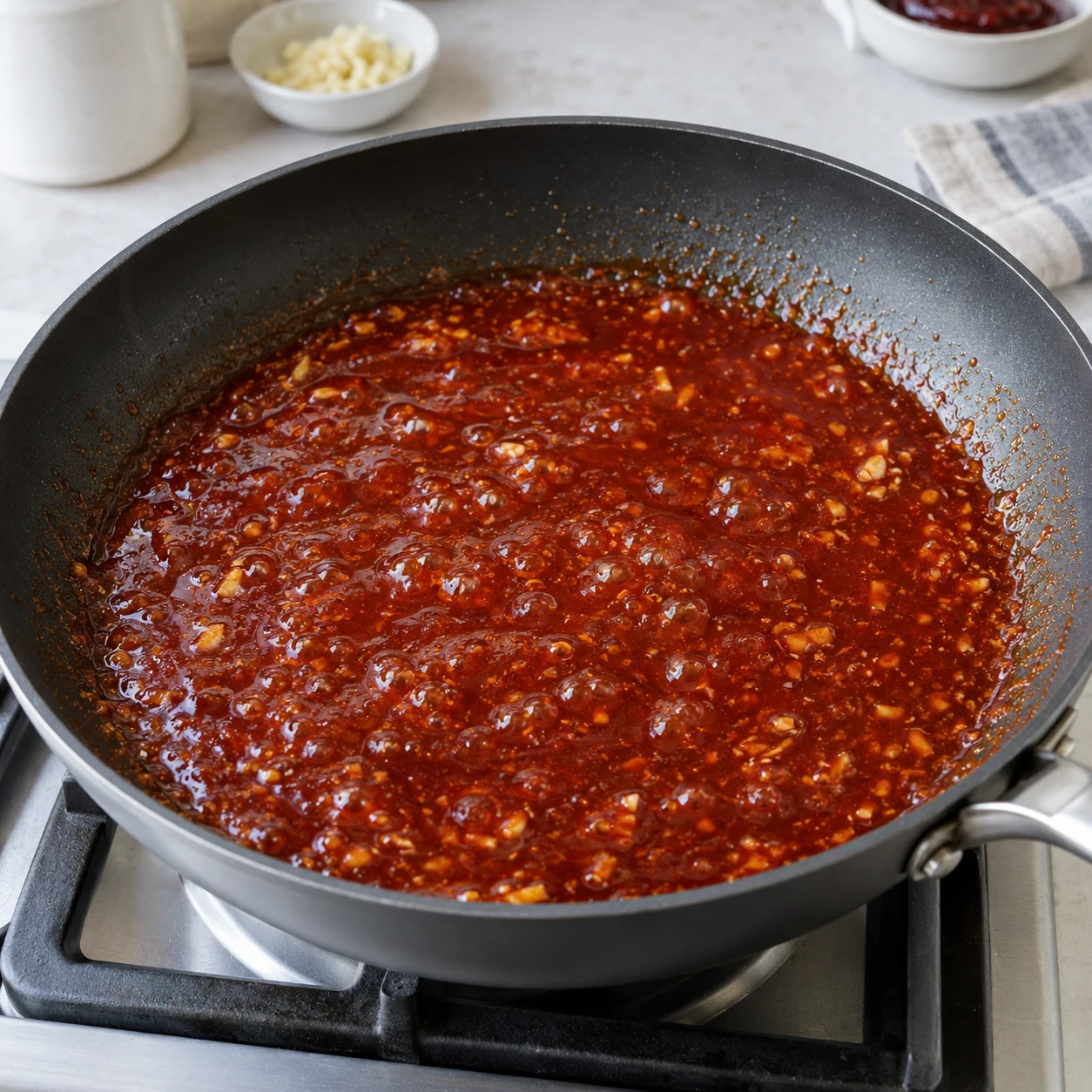 Adım 4: Kırmızı sosu yavaşça ısıtın. Soğuk, yapışmaz bir tavada, 1 silme yemek kaşığı gochujang, 1 küçük çay kaşığı pul biber, 1 silme yemek kaşığı soya sosu, 2 silme yemek kaşığı pirinç şurubu, 2 silme yemek kaşığı su ve 1 küçük çay kaşığı kıyılmış sarımsağı karıştırın. Küçük kabarcıklar görünene kadar karıştırarak 1–2 dakika boyunca düşük ateşte ısıtın. Macunun yanmasına izin vermeyin.