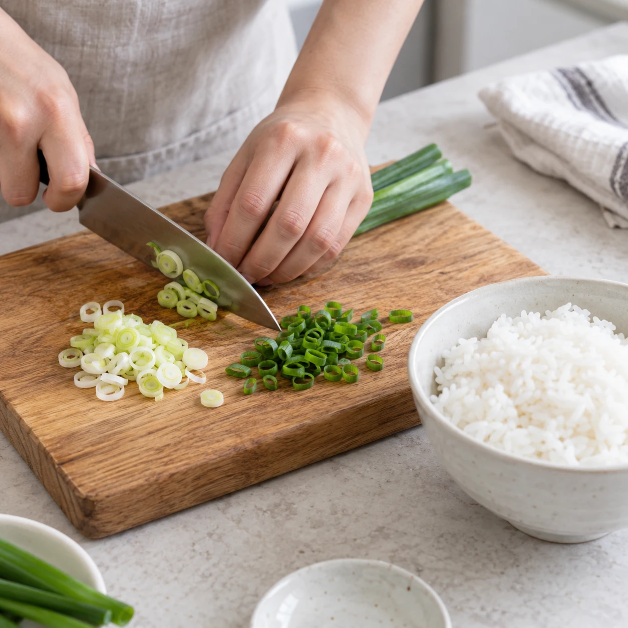 Step 1: Use 2 loosely filled small paper cups of cooked white rice, about 300 g. Break up cold clumps gently with a spoon. If the rice is freshly cooked, spread it in a shallow dish for about 10 minutes until it stops steaming, then use immediately. Thinly slice the spring onion, keeping white and green parts separate; never start with uncooked rice.