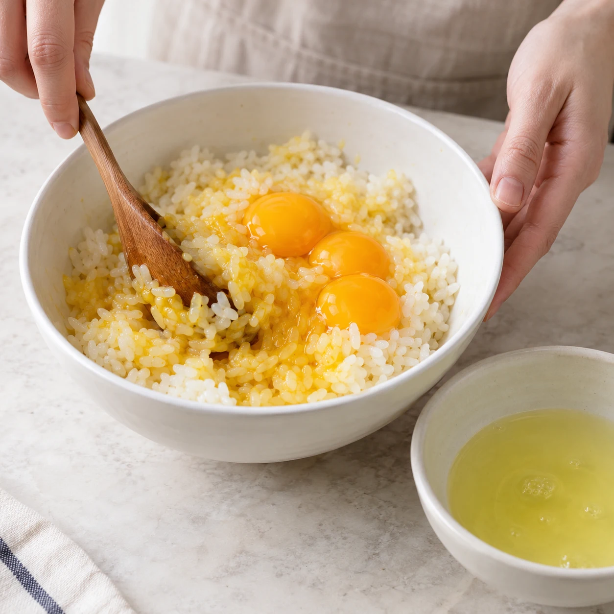 Step 2: Separate the 3 eggs into yolks and whites in two clean bowls. Put all 3 yolks into the rice and fold gently until the grains are evenly pale yellow. Keep all the whites for step 3. Do not add water or taste the uncooked egg-coated rice; mixing too hard will mash the grains.