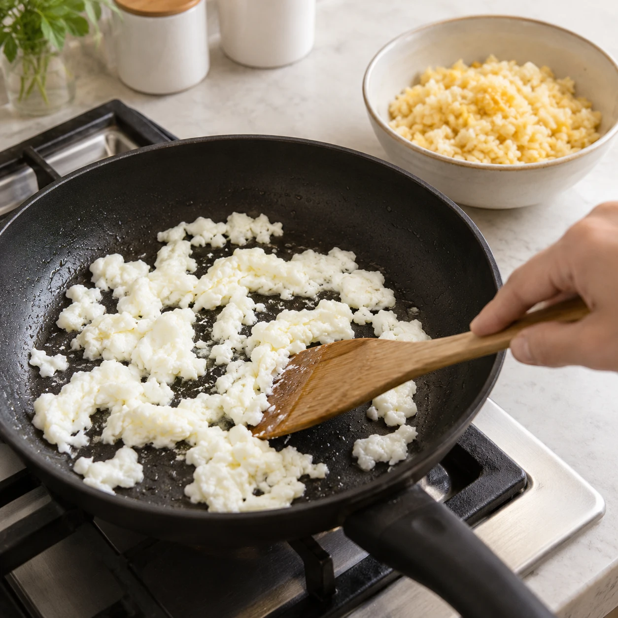 Step 3: Warm a 24–26 cm nonstick pan over medium heat, without making it smoke. Add ½ level eating spoon of the oil, then the whites. Stir for about 40–60 seconds until fully opaque and set, breaking them into small pieces. Transfer them to a clean plate; the rice has not entered the pan yet.
