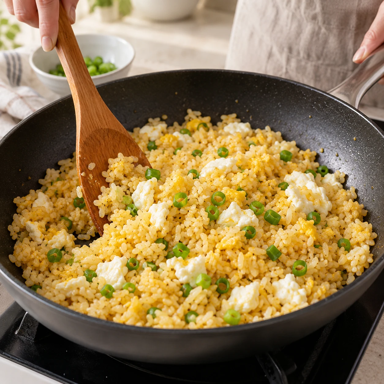Step 6: Return the cooked whites and add the green spring onion. Stir for another 30–60 seconds. Add a small pinch from the measured salt, taste only after the egg is cooked, and add more only if needed, up to ¼ small teaspoon in total. Optional: add ½ teaspoon soy sauce around the hot pan edge and fold in, plus a pinch of pepper. Divide between two bowls and serve immediately; omit soy sauce and pepper for a lighter, brighter-gold version.