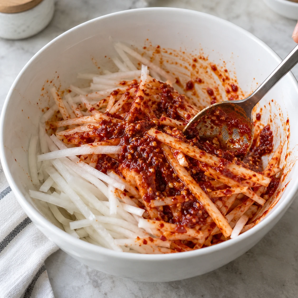 Langkah 3: Buat saus kecil yang kental. Dalam mangkuk bersih, aduk sesendok makan serpihan cabai 1, kecap ikan 1 satu sendok teh kecil, bawang putih cincang satu sendok teh 1, jahe parut satu sendok teh kecil ¼, dan gula satu sendok teh kecil 1. Tambahkan lobak kering dan aduk hingga permukaannya berwarna merah merata. Diamkan selama 3 menit sambil menyimpan tiram di lemari es.
