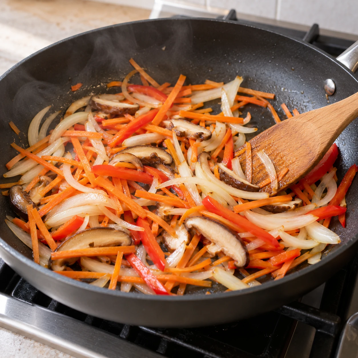 ขั้นตอน 3: อุ่นน้ำมันปรุงอาหารที่เหลือ 1 ช้อนชาขนาดเล็กในกระทะ nonstick ขนาดกว้างบนไฟร้อนปานกลาง ผัดหัวหอม แครอท เห็ด และพริกหวานสีแดงตามชอบเป็นเวลา 2-3 นาที จนกระทั่งหัวหอมเริ่มนิ่มลง ย้ายผักใส่ชามที่สะอาดเพื่อไม่ให้ผักสุกเกินไป