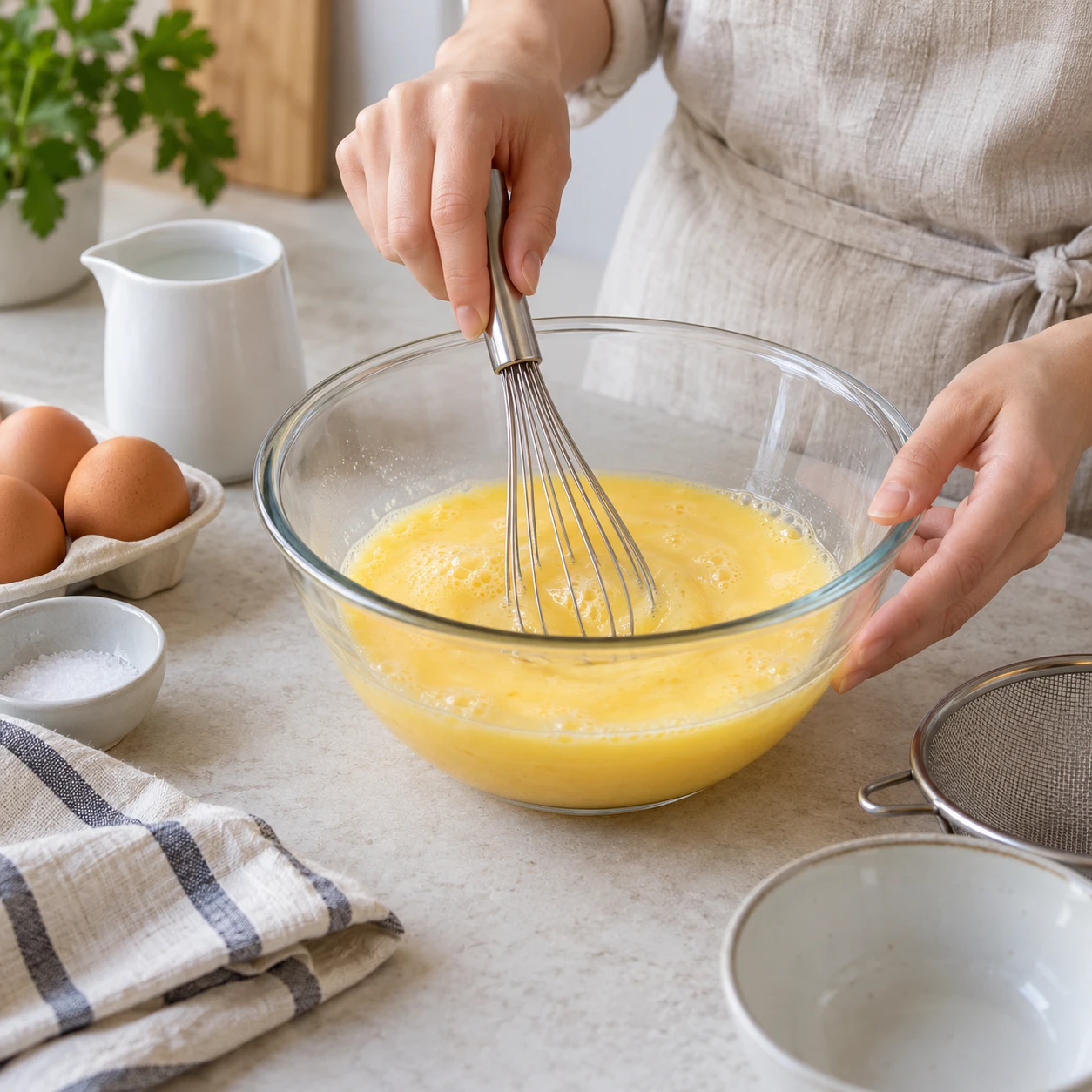 Paso 2: Bate suavemente los 3 huevos con 1 vaso pequeño de papel de agua y ¼ cucharadita de sal. Evita muchas burbujas. Pasa por un colador fino al cuenco resistente para suavizar la textura, sin forzar. Llena como máximo dos tercios.
