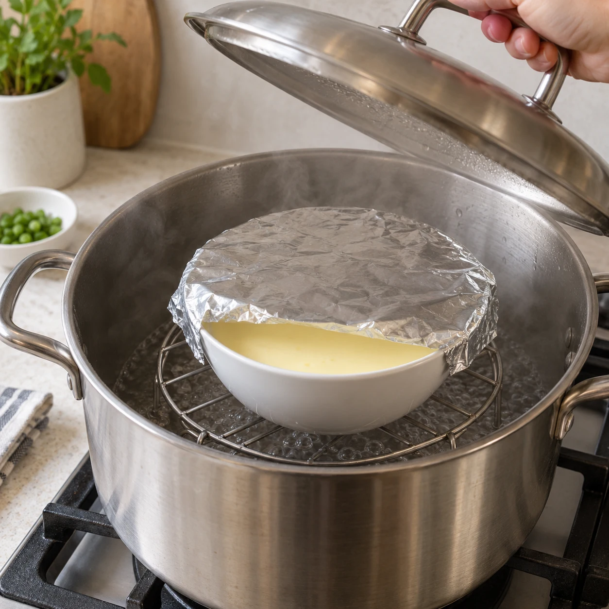 Paso 4: Coloca la rejilla y agua de 2–3 cm de profundidad, por debajo de la superficie de la rejilla. Hierve y coloca el cuenco cuidadosamente. El agua queda fuera del cuenco. Tapa la olla y reduce a hervor suave constante.