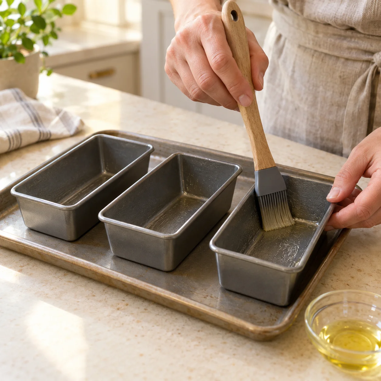 Paso 1: Precalienta el horno a 200°C sin ventilador o 180°C con ventilador. Coloca tres moldes metálicos pequeños aptos para horno, de unos 10 × 5 × 4 cm, en una bandeja con borde. Unta bases y lados con los aprox. 1 cucharadita (5 ml) de aceite. Derrite aprox. 1 cucharada rasa de mesa (15 g) de mantequilla y deja templar.