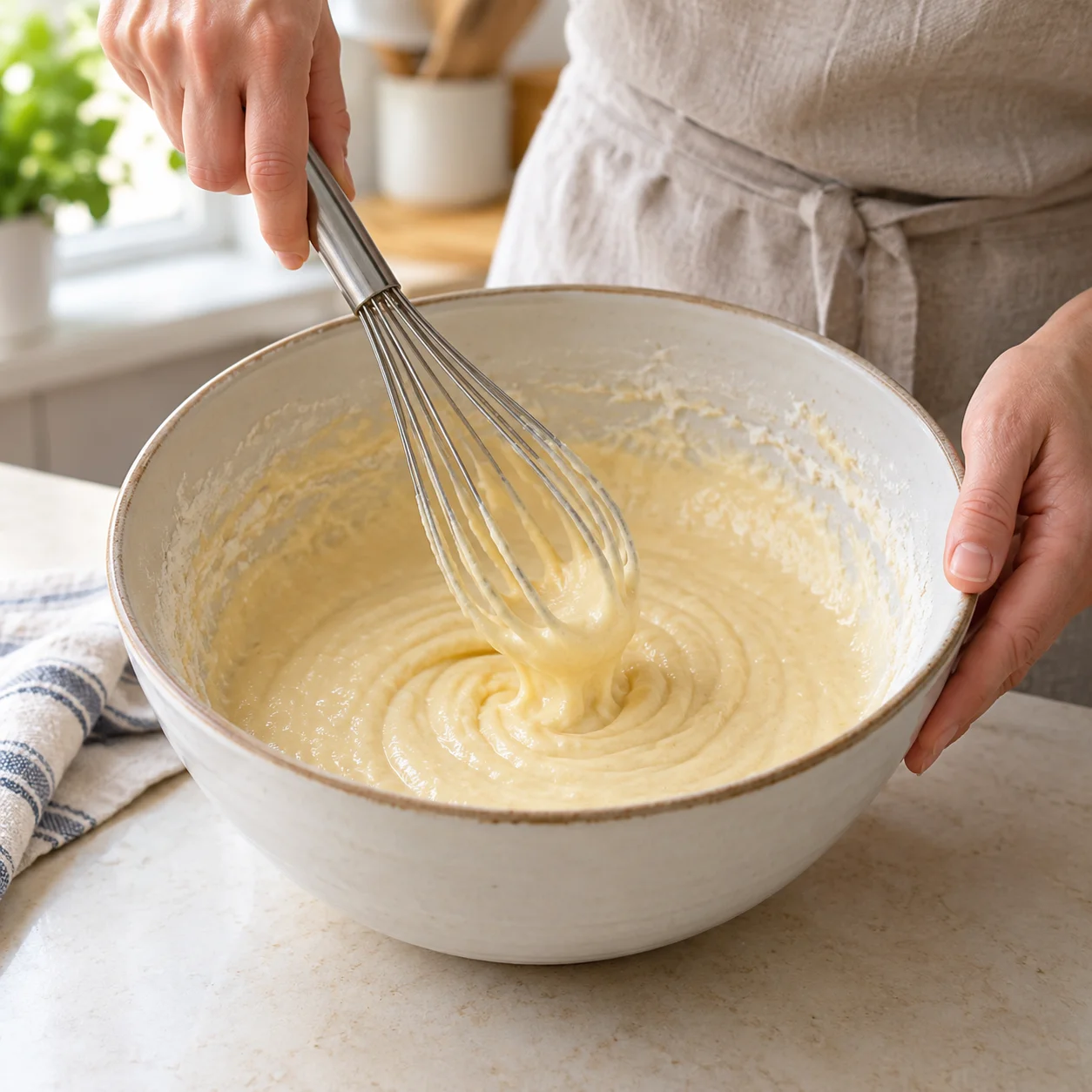 Paso 3: Bate solo uno de los cuatro huevos con aprox. ½ vaso de papel + 2 cucharaditas (100 ml) de leche y la mantequilla templada en otro cuenco. Añade a los ingredientes secos y mezcla brevemente hasta que no quede harina suelta. La masa debe ser espesa pero vertible. No la pruebes cruda.