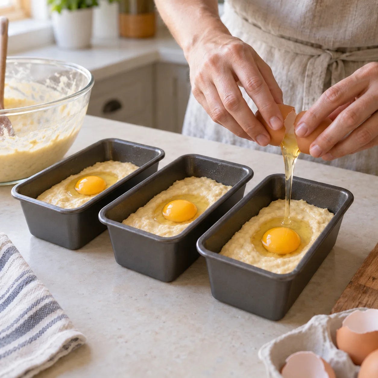 Paso 5: Casca los tres huevos restantes de uno en uno en una tacita para retirar posibles cáscaras. Vierte uno con cuidado en el centro de cada molde, sin superar el borde ni cubrirlo con más masa. Lava manos y utensilios que hayan tocado huevo crudo.