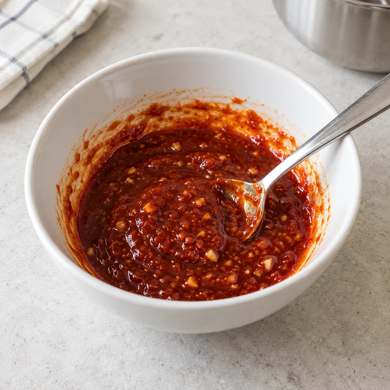 Langkah 4: Dalam mangkuk bersih, campur gochujang, gochugaru jika menggunakan, kecap asin, cuka, gula dan bawang putih cincang. Aduk hingga gula larut menjadi bumbu kental yang halus.