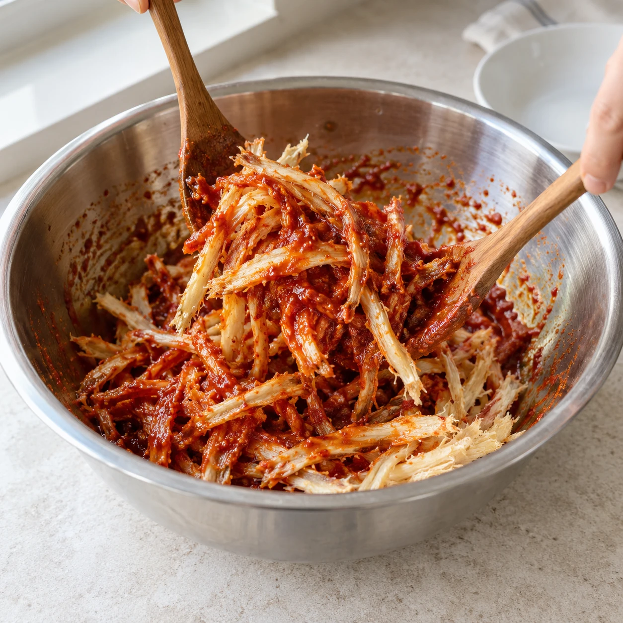 Langkah 5: Tambahkan ikan hangat yang sudah tidak dikukus lagi ke dalam saus. Dengan menggunakan peralatan bersih atau sarung tangan yang aman untuk makanan, angkat dan putar perlahan hingga setiap strip terlapisi tipis. Hindari menghancurkan ikan yang sudah lunak.