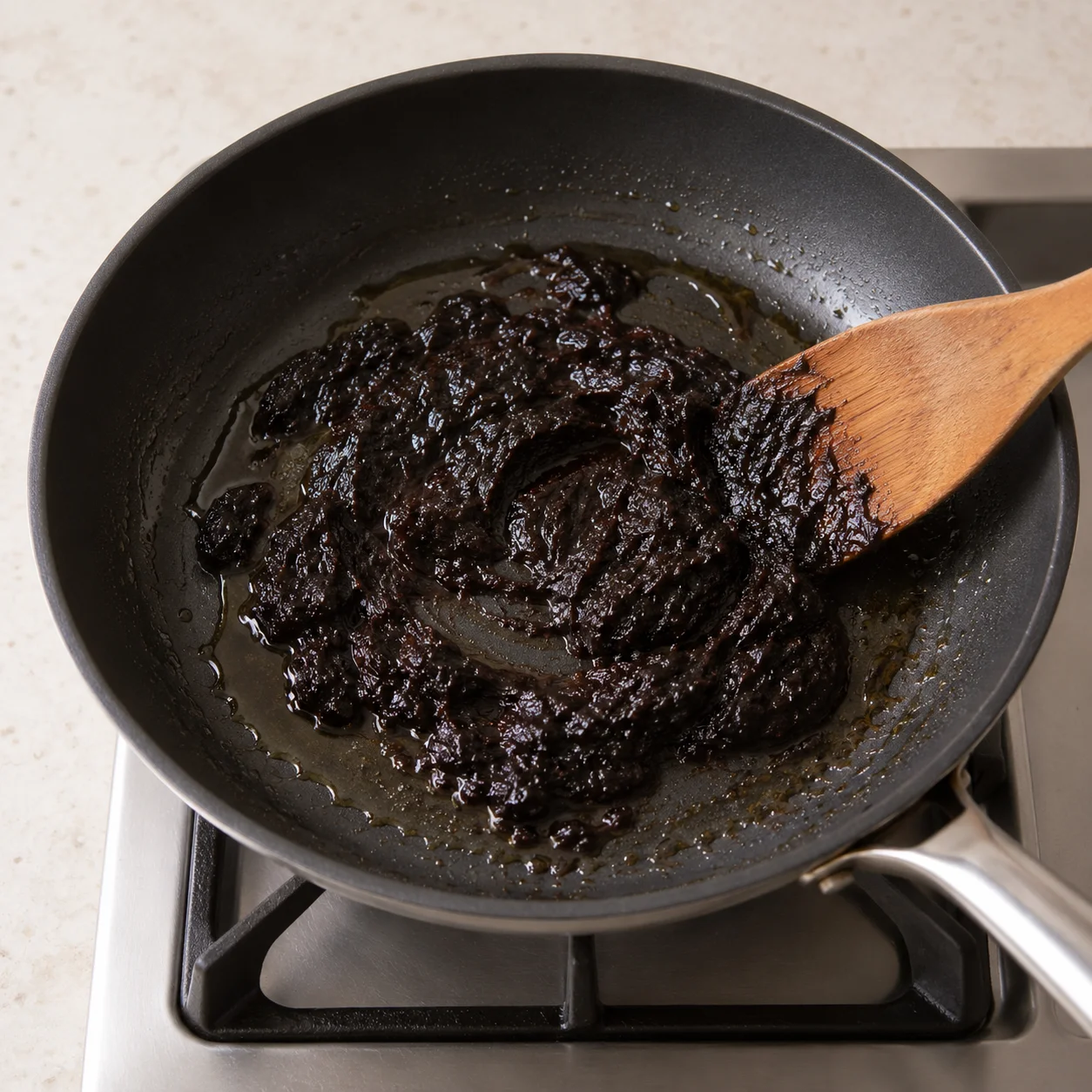 Langkah 3: Panaskan 15 ml minyak dengan api sedang kecil. Tumis 40 g chunjang mentah 1–2 menit sambil terus diaduk. Jika pasta sudah digoreng, cukup hangatkan sebentar.