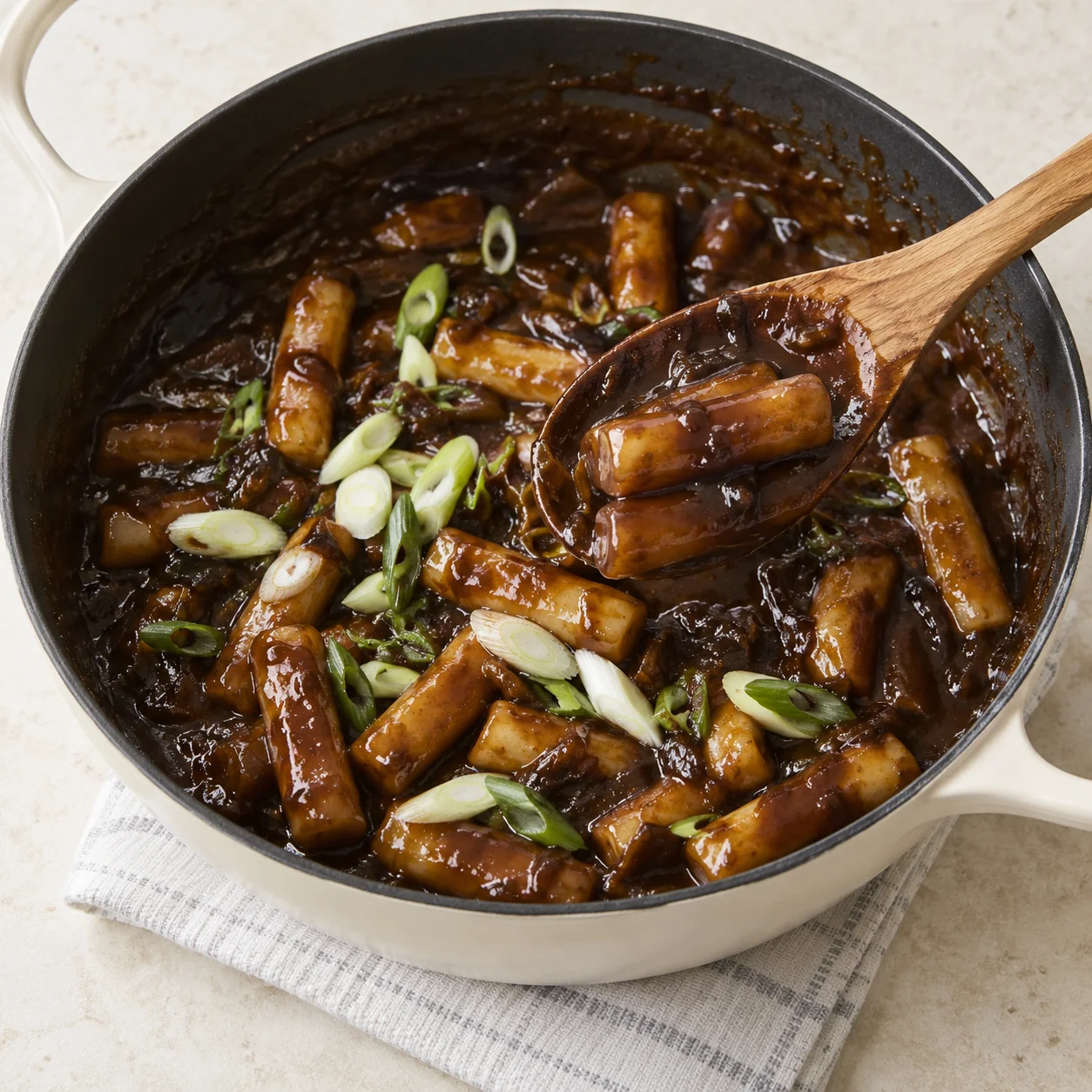 Langkah 6: Cicipi tteok yang sedikit didinginkan: tengahnya harus empuk kenyal. Masak lagi 1–2 menit agar saus mengental, atau tambah sedikit air. Masukkan daun bawang dan sajikan segera.
