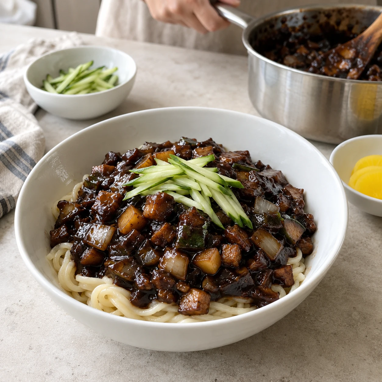Fideos coreanos con salsa de judías negras