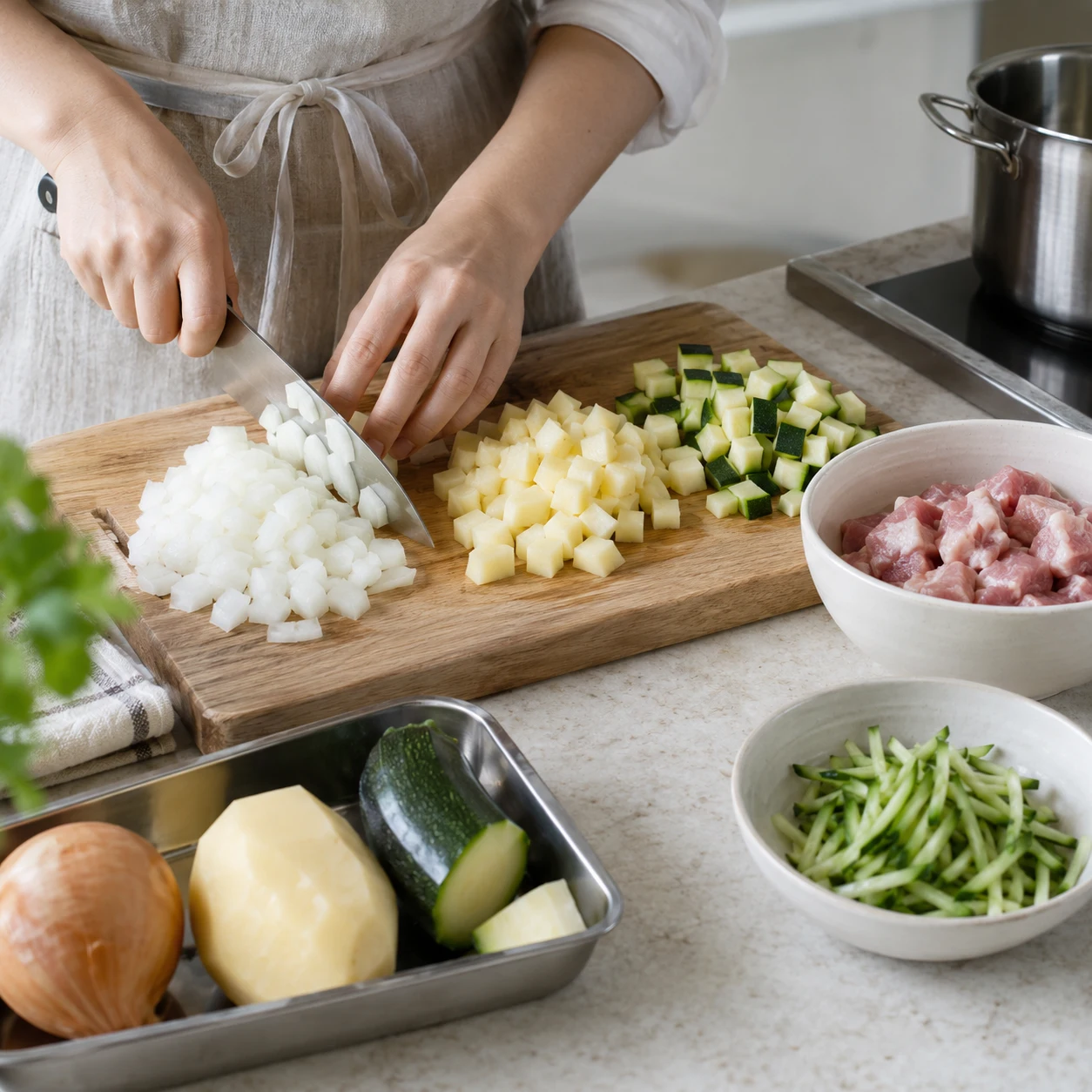 Paso 1: Corta cerdo, cebolla, patata pelada y calabacín en dados de 1 cm; corta pepino en tiras. Separa la tabla de carne cruda y prepara 2 vasos de agua.