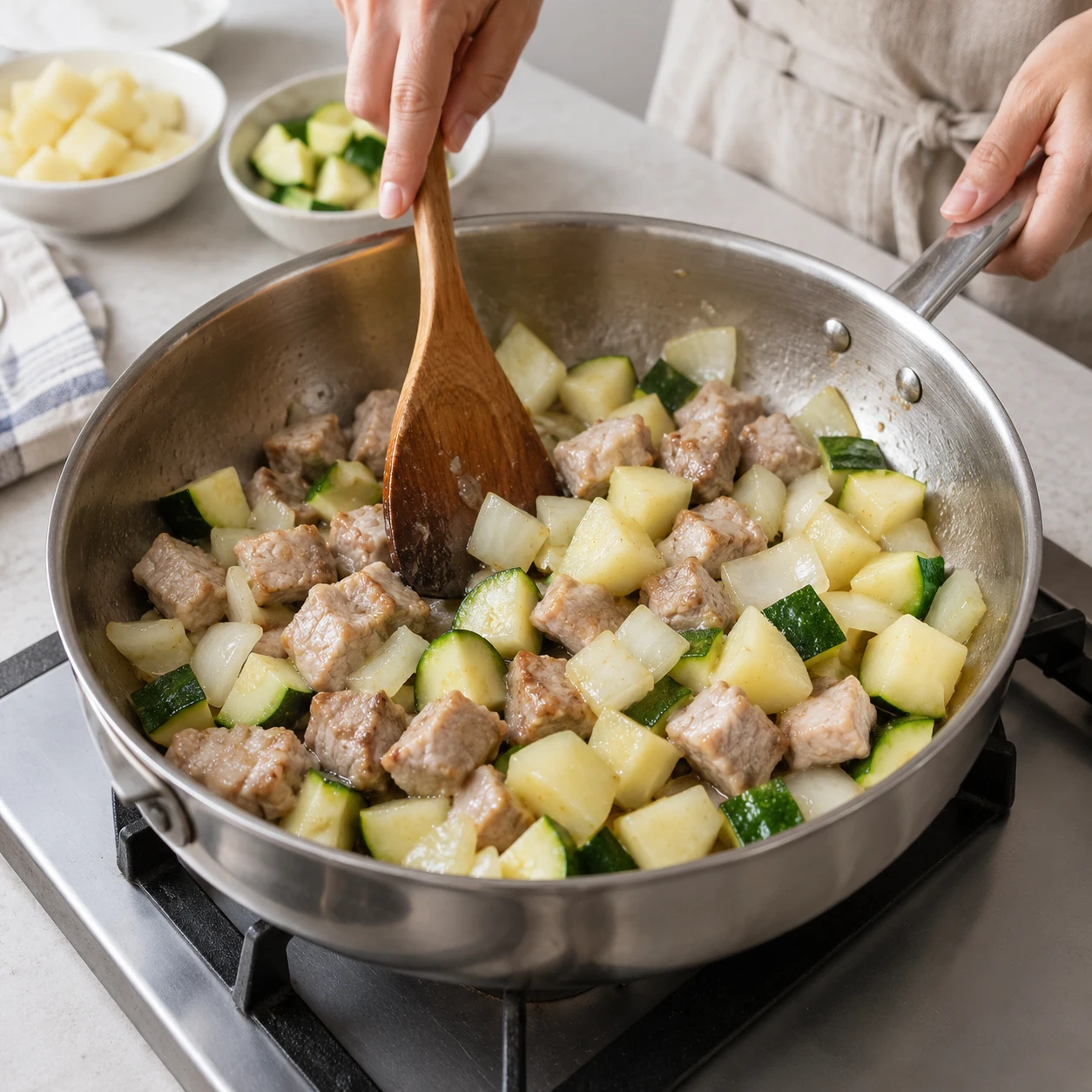 Paso 3: En una sartén profunda calienta la otra cucharada de aceite. Cocina cerdo 4–5 minutos girando; añade verduras y remueve 3 minutos.