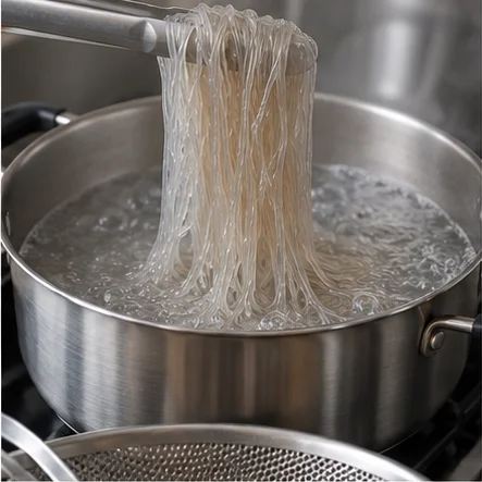 Paso 2: Cuece 150 g de fideos según el paquete, normalmente 6–8 minutos. Prueba una hebra enfriada: debe ser flexible sin centro duro. Escurre bien y corta con tijeras de cocina limpias.