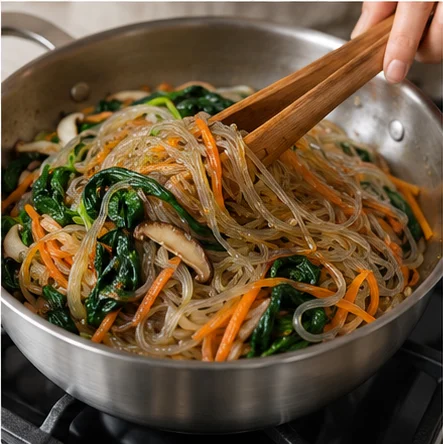 Paso 6: Añade fideos, verduras y espinacas a la sartén. Incorpora la salsa y mezcla suavemente con pinzas unos 2 minutos hasta calentar y cubrir todo. Añade un poco de agua si los fideos se pegan.