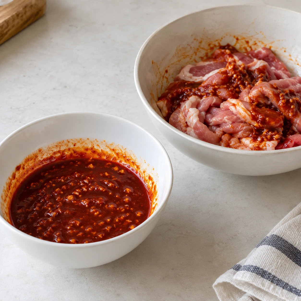 الخطوة 2: اخلط gochujang وصلصة الصويا وgochugaru في حالة الاستخدام والسكر والثوم و3 ملعقة طعام ممسوحة من الماء. يُضاف لحم الخنزير إلى نصف الصلصة ويُوضع في الثلاجة لمدة 10 دقائق. احتفظ بباقي الصلصة منفصلة عن اللحم النيئ.
