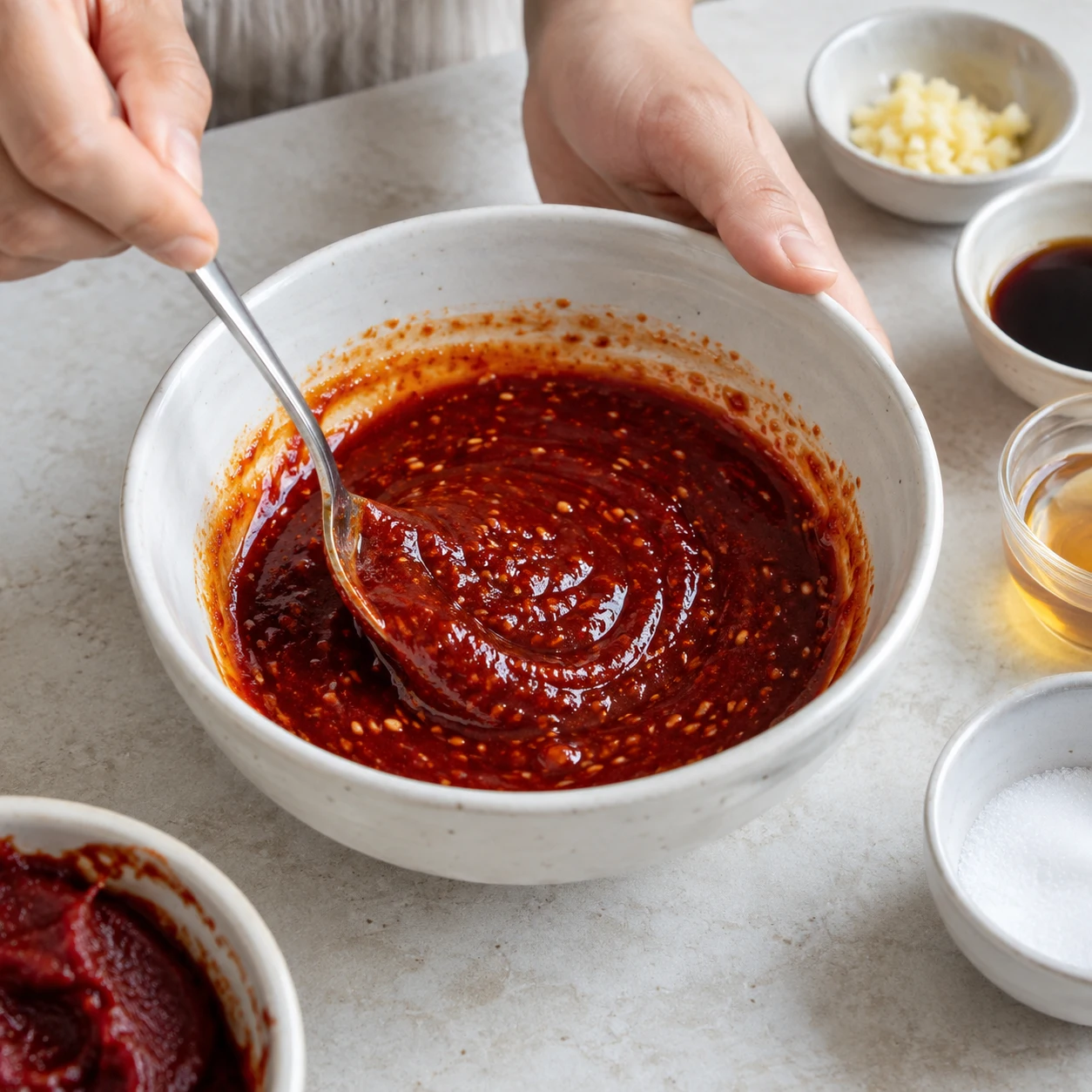 Adım 4: Sosu karıştırın. 2 silme yemek kaşığı gochujang, 2 silme yemek kaşığı pirinç sirkesi, 1 silme yemek kaşığı şeker, 1 silme yemek kaşığı soya sosu, 1 küçük çay kaşığı kıyılmış sarımsak ve 2 küçük çay kaşığı susam yağını birlikte karıştırın. Şeker eriyene kadar karıştırın. Bu karışık sosun 1 silme yemek kaşığını bir kenara bırakın, böylece son kıvamını kontrol edebilirsiniz.