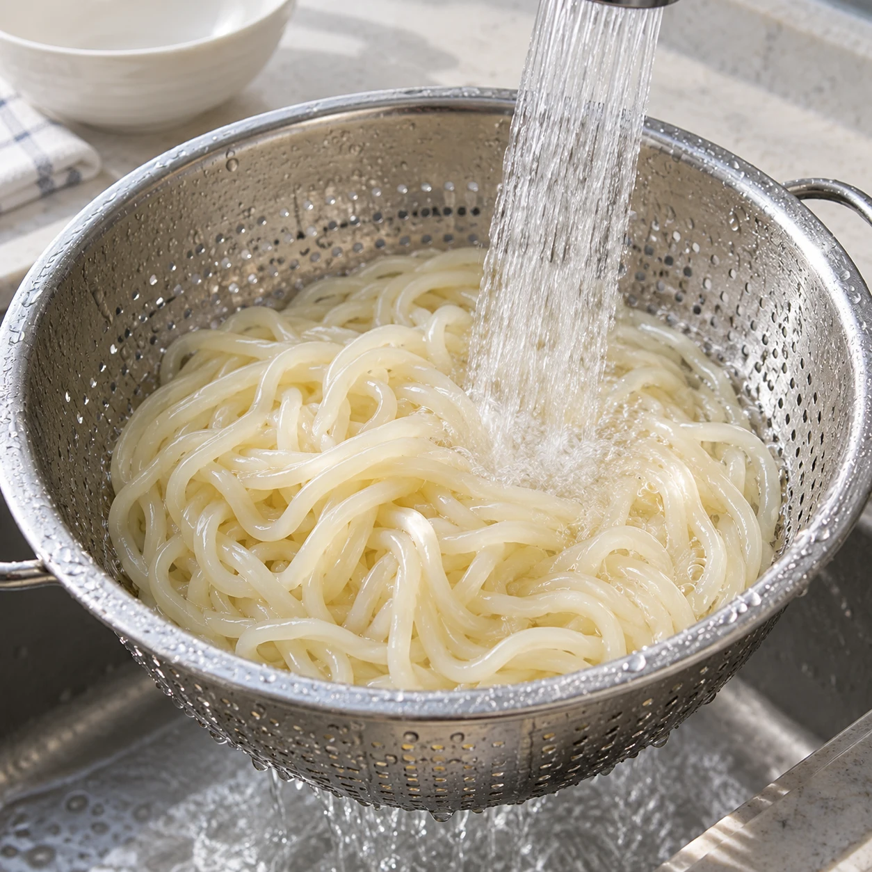 Adım 5: Erişteleri haşlayıp durulayın. 1 dolu 400 g taze jjolmyeon paketini parmaklarınızla ayırın. Büyük bir tencereye hızla kaynayan suyu ekleyin ve yapışmayı önlemek için karıştırın. Paket süresini takip edin, genellikle yaklaşık 4–6 dakika; Sertliği olmayan yumuşak, çiğnenebilir bir merkez için bir teli test edin. Süzün, telleri hafifçe ovalayarak soğuk akan su altında iyice durulayın, ardından iyice süzün.