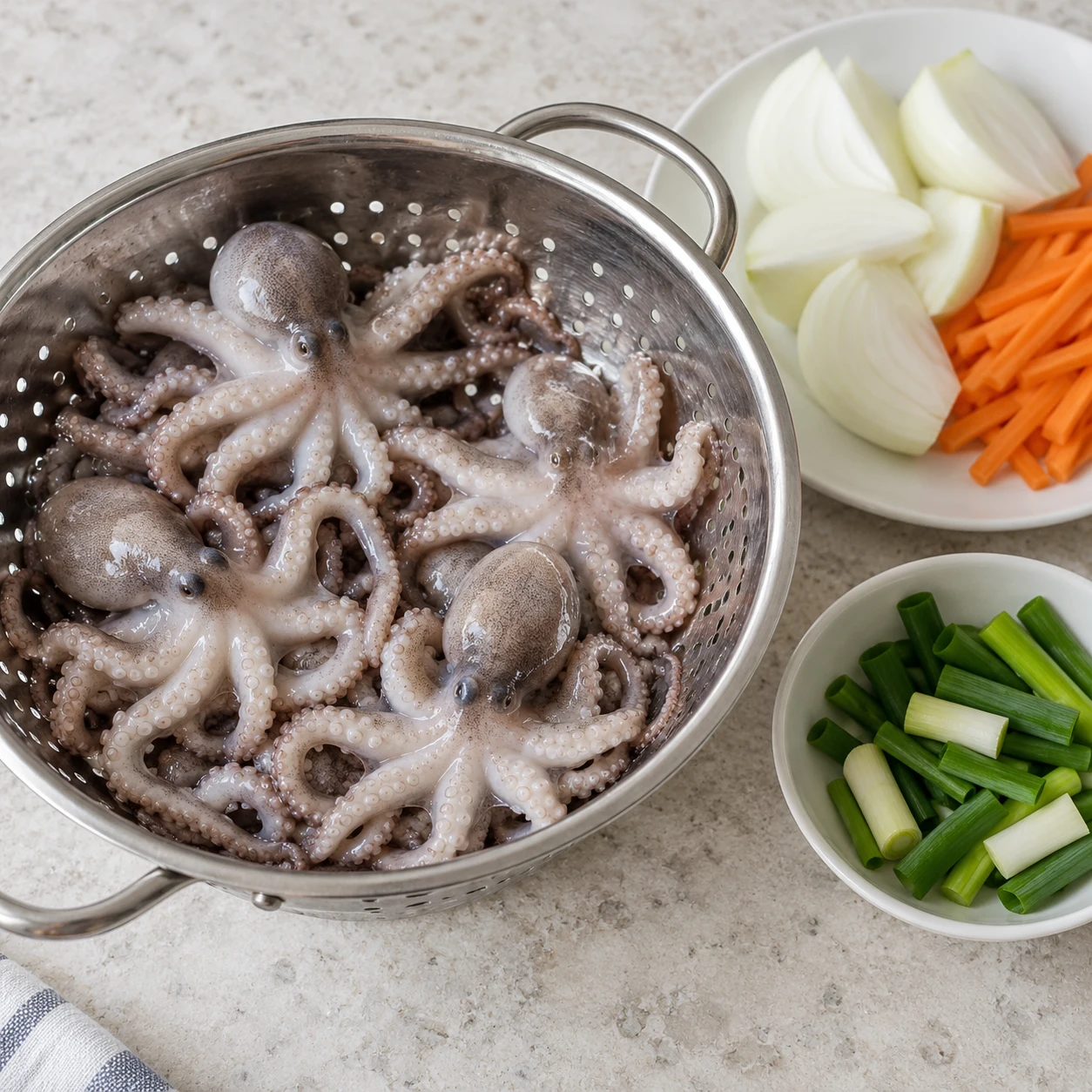 Bước 1: Làm sạch và để ráo bạch tuộc. Sử dụng một nửa gói bạch tuộc nhỏ 600 g. Đối với bạch tuộc chưa được làm sạch, hãy lộn túi đầu từ trong ra ngoài và lấy nội tạng ra; cắt bỏ mắt và loại bỏ phần mỏ cứng ở giữa cánh tay. Rửa sạch một thời gian ngắn dưới nước lạnh và để ráo nước. Giữ nguyên từng con bạch tuộc nhỏ hoặc cắt đôi những con lớn hơn. Lau khô. Cắt ½ củ hành tây thành từng múi, ½ củ cà rốt nhỏ thành dải mỏng và 1 củ hành lá thành từng đoạn ngắn.