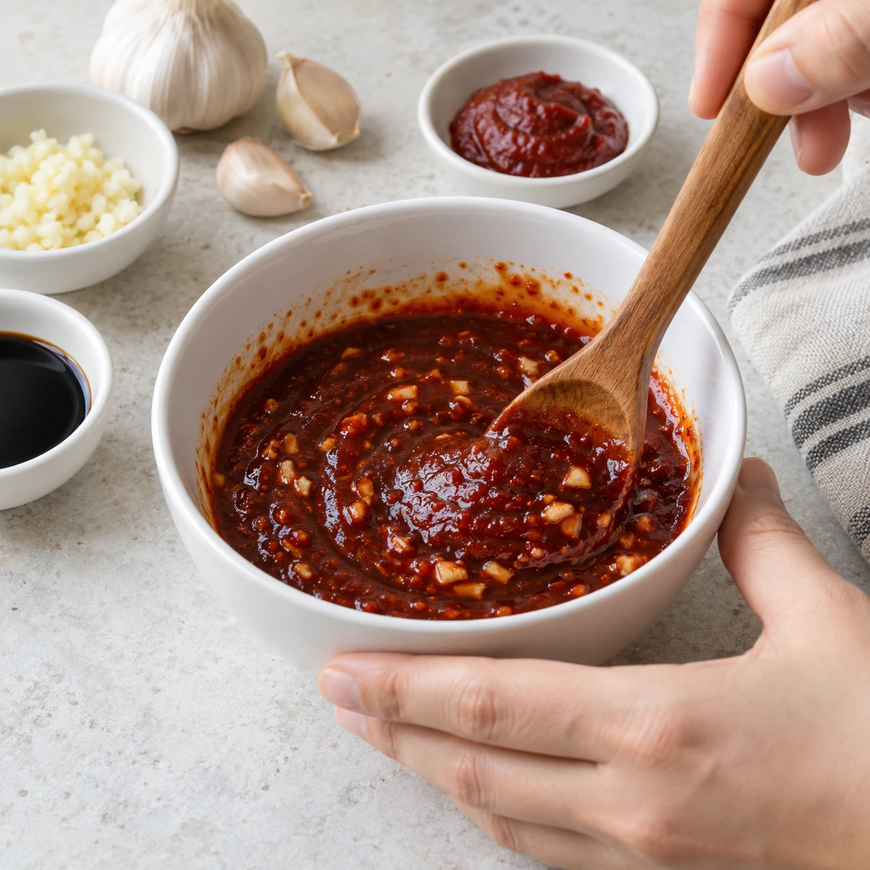 Bước 2: Làm nước sốt. Khuấy đều 2 thìa ăn gochujang, 1 thìa ăn nước tương, 1 thìa ăn đường và 2 thìa nhỏ tỏi băm. Thêm 1 muỗng cà phê nhỏ gochugaru tùy chọn. Trộn cho đến khi mịn. Không cần thêm nước vì rau và hải sản đã giải phóng độ ẩm.