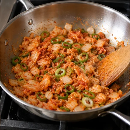 Paso 2: Calienta la mitad de la cucharada de aceite vegetal a fuego medio. Saltea cebolleta y kimchi 3 minutos hasta que huelan bien y el kimchi empiece a ablandarse.