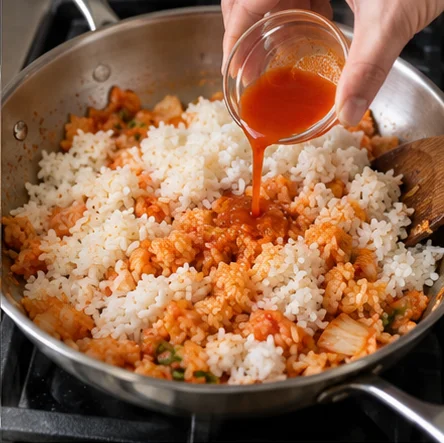 Paso 3: Añade 400 g de arroz y 2 cucharadas de jugo de kimchi. Separa suavemente los grumos con la espátula y mezcla hasta repartir el color.