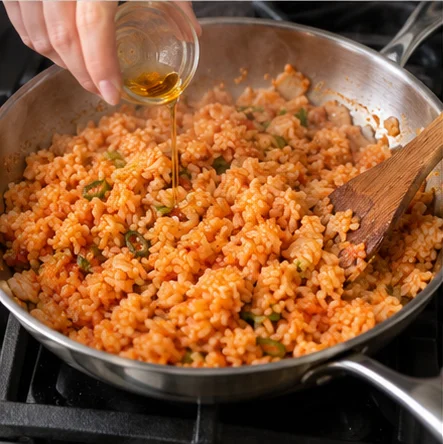 Paso 4: Saltea 4–5 minutos hasta que todo esté humeante y sin grumos fríos. Añade 1 cucharadita de aceite de sésamo. Si se pega, baja un poco el fuego y remueve suavemente el fondo.