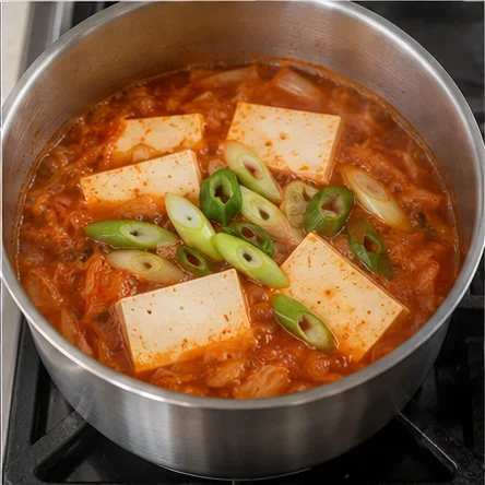 Étape 5: Glissez le tofu délicatement pour garder les morceaux entiers et ajoutez l’oignon nouveau. Cuisez encore 5 minutes pour chauffer le tout. Remuez autour du tofu sans le casser.