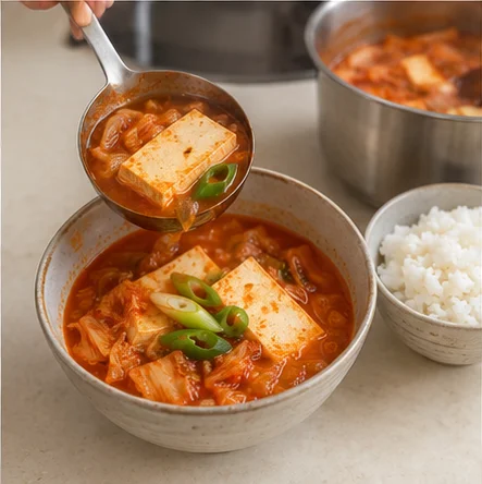 Étape 6: Goûtez une cuillerée refroidie avant de rectifier l’assaisonnement : kimchi et sauces sont déjà salés. Servez chaud avec du riz si vous aimez, sur une surface résistante à la chaleur.