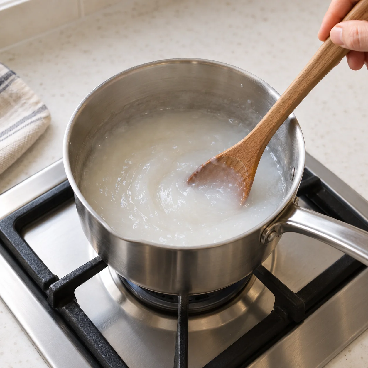 Paso 3: Mientras sala la col, mezcla 20 g de harina de arroz con 250 ml de agua. Cocina a fuego medio-bajo unos 5 minutos, removiendo hasta espesar. Añade 10 g de azúcar y deja enfriar por completo.