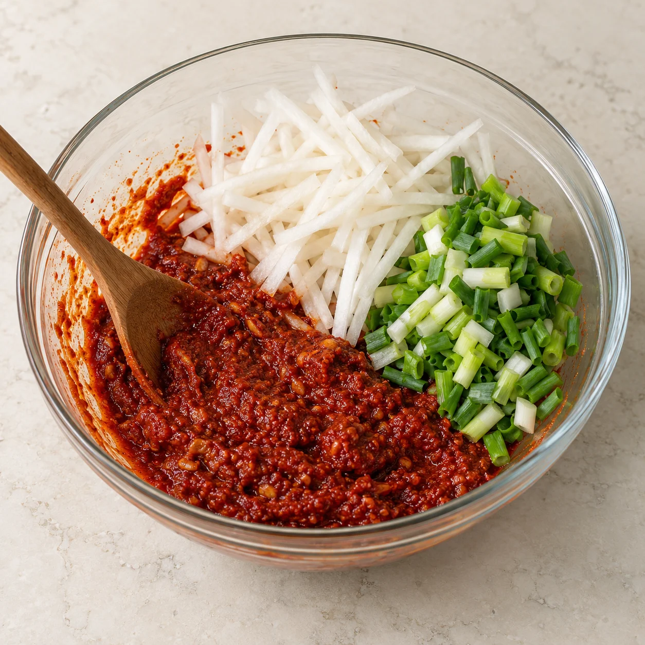 Paso 4: Corta el rábano en tiras y pica la cebolleta. Tritura ajo, jengibre y cebolla; mezcla con salsa de pescado, papilla fría y gochugaru. Incorpora rábano y cebolleta.
