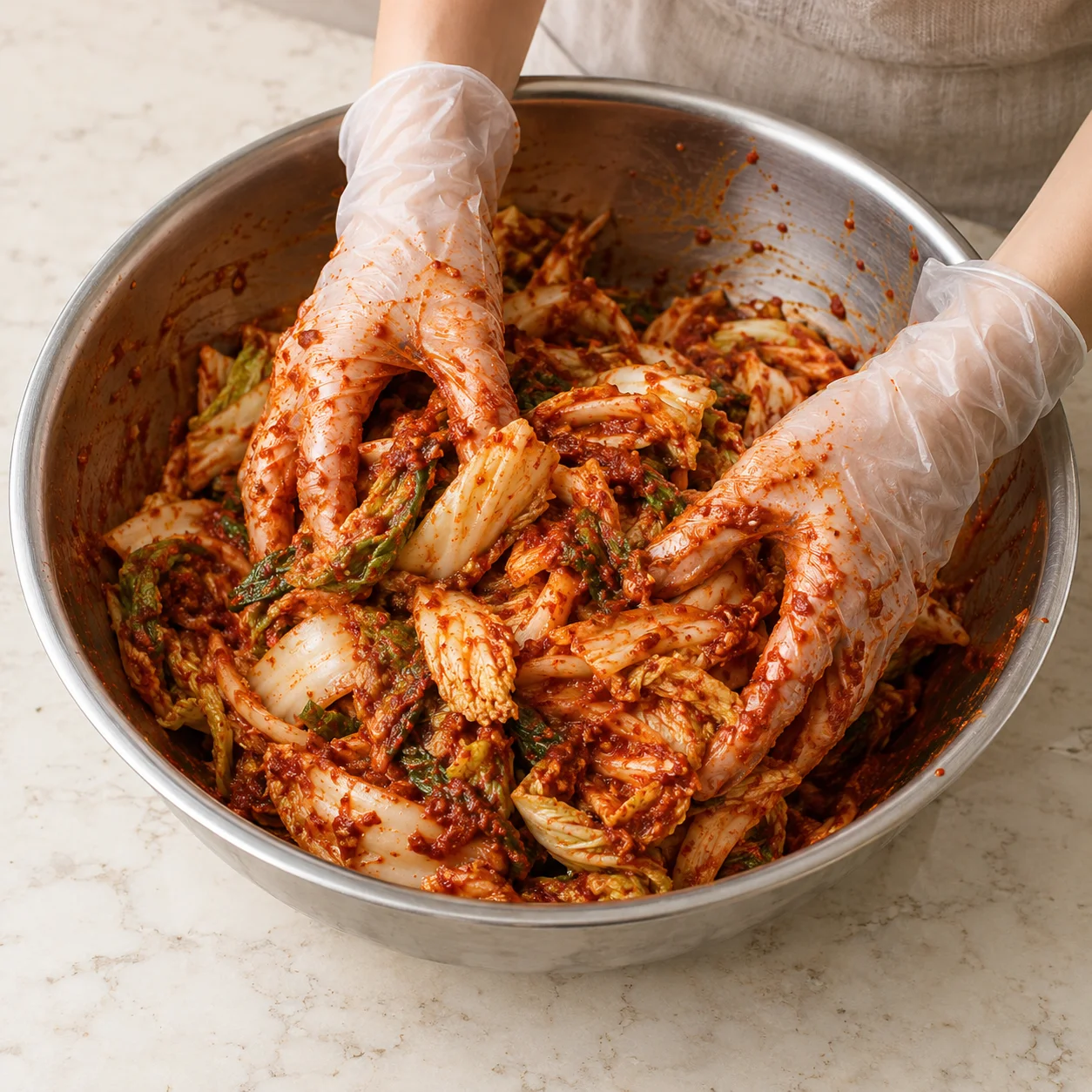 Paso 5: Con guantes limpios aptos para alimentos, mezcla la col escurrida con la pasta en un bol grande. Cubre todos los trozos; hazlo por tandas si es necesario. No añadas el líquido salado que escurrió.