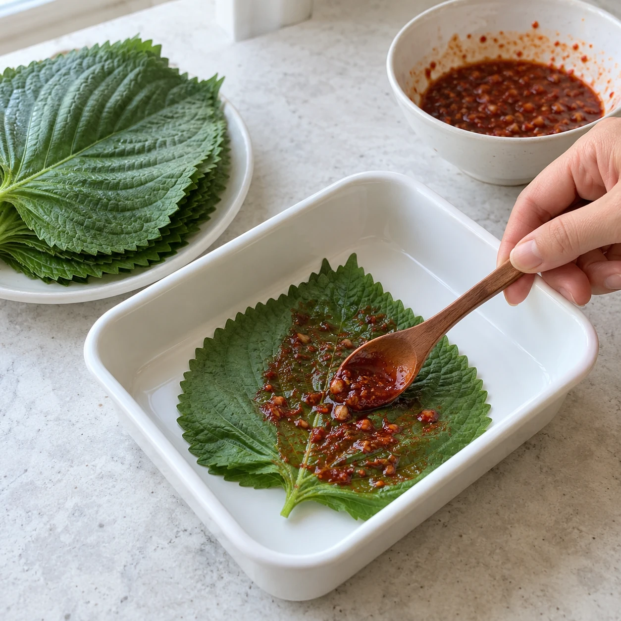 ขั้นตอน 4: วางใบไม้หนึ่งใบในภาชนะอาหารตื้นที่สะอาด และใช้แปรงหรือช้อนบนสารเคลือบบางมาก เพิ่มใบไม้ถัดไปแล้วทำซ้ำ โดยเกลี่ยน้ำสลัดให้ทั่วแต่ละใบไม้ แทนที่จะเทแอ่งน้ำลึกลงบนปึก