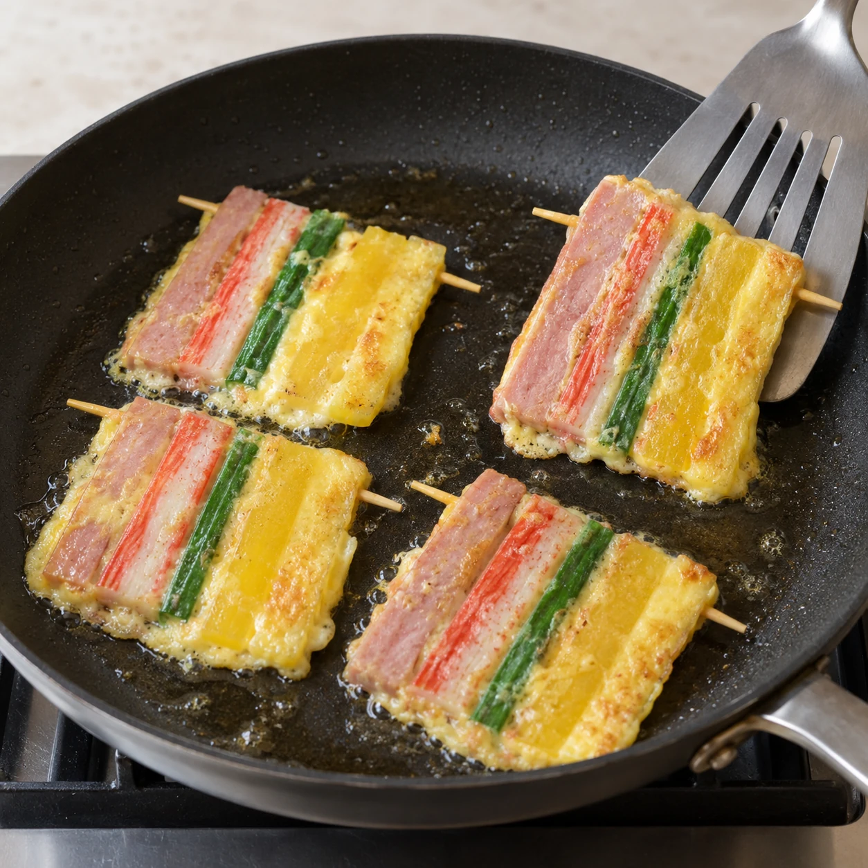 ขั้นตอน 5: อุ่นน้ำมัน 1 ช้อนชาในกระทะ nonstick บนไฟร้อนปานกลาง เพิ่มไม้เสียบเคลือบ 4 อันในชั้นเดียว ทอดด้านแรกประมาณ 2-3 นาทีจนไข่สุกและเป็นสีทองซีด ใช้ไม้พายกว้างๆ สอดไว้ใต้ไม้เสียบไม้แต่ละอัน หมุนอย่างระมัดระวัง และทอดด้านที่สองเป็นเวลา 2-3 นาที ลดไฟลงถ้าไข่สุกเร็วเกินไป
