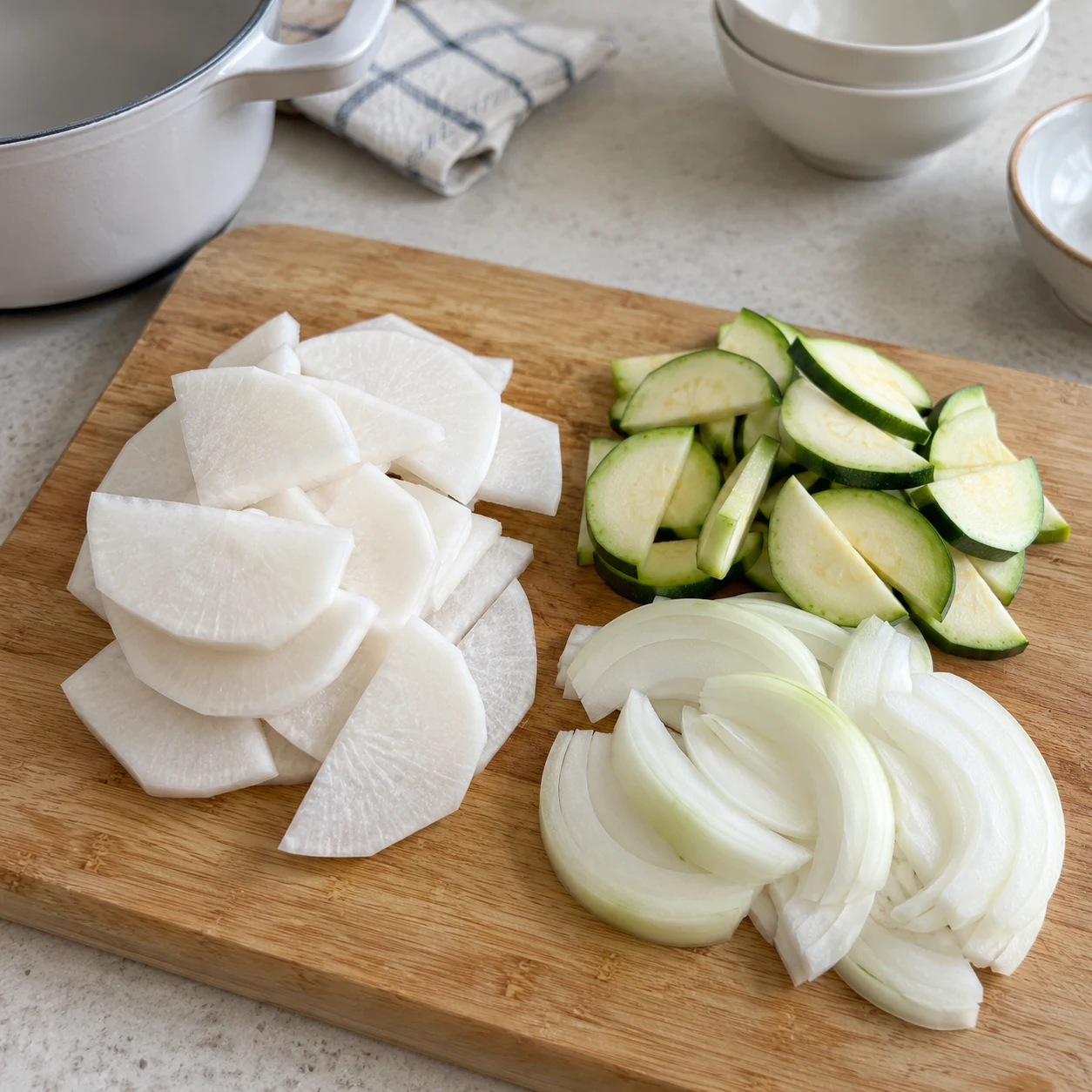 手順 2: 野菜を切ります。大根の皮をむいて薄くスライスし、1の小さな紙コップに詰めます。 ½ズッキーニは半月切りにし、½タマネギはスライスします。 1ネギとオプションの½青唐辛子をみじん切りにします。野菜は生のカニやその板から離して保管してください。