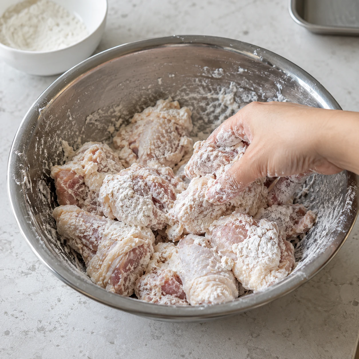 ขั้นตอน 2: ผสมแป้งมันฝรั่งกับแป้งในชามที่สะอาด ใส่ไก่ปรุงรสและน้ำเย็น 3 ช้อนรับประทาน จากนั้นคลุกเคล้าจนทุกชิ้นมีการเคลือบเหนียวบางๆ สารเคลือบควรเกาะติดแทนที่จะสร้างเป็นสระน้ำ